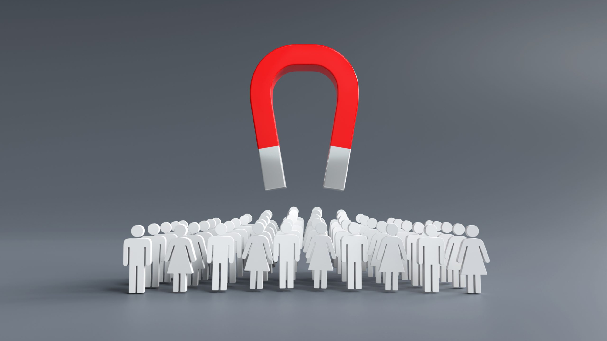 Magnets attracting customers, Business Lead ideas, Business team building, Recruiting people to join the team. 3D illustration