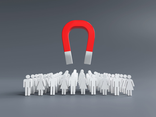 Magnets attracting customers, Business Lead ideas, Business team building, Recruiting people to join the team. 3D illustration